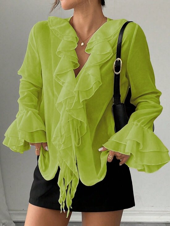 Tops - Green Casual Women's Chiffon Lantern Sleeve V-Neck Tie Front Loose Blouse